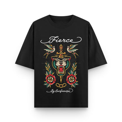 Black t-shirt with a fierce design and 'Fierce' text on a white background