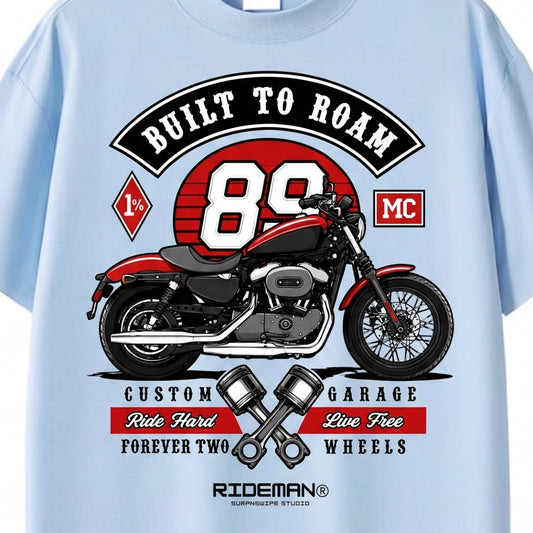 Light blue t-shirt with a motorcycle graphic and text on a white background