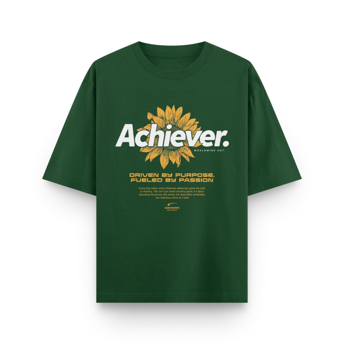 Green t-shirt with sunflower graphic and text on a white background