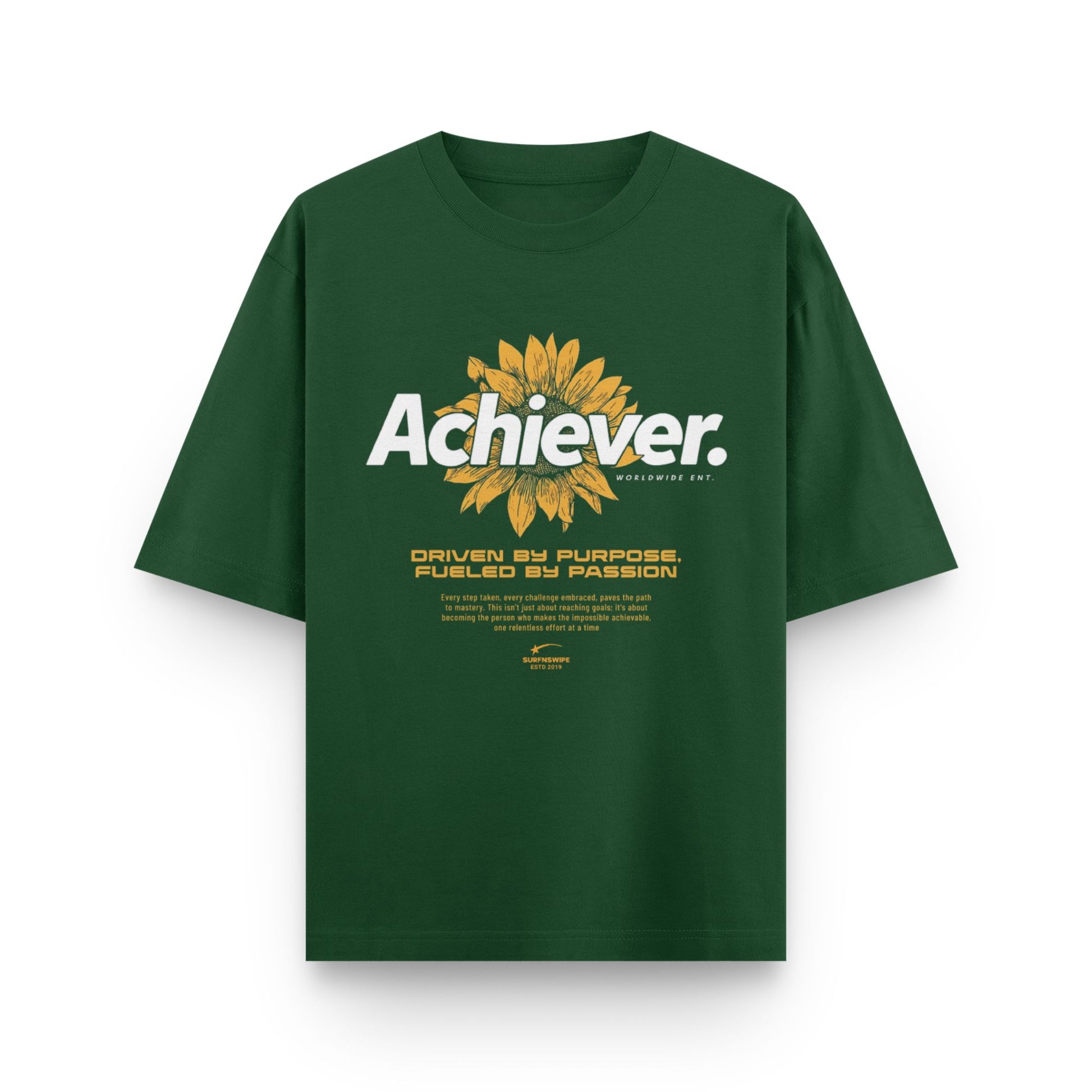 Green t-shirt with sunflower graphic and text on a white background