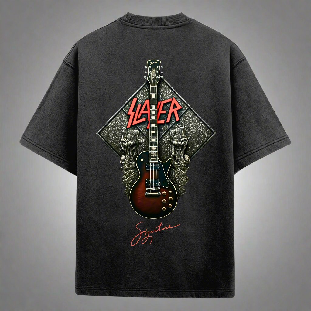 Acid Wash Metal Band Logo Printed Oversized Black T-Shirt-1
