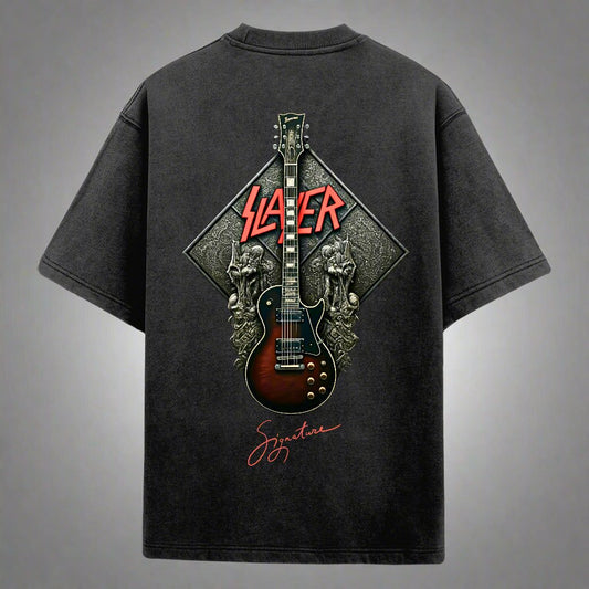 Acid Wash Metal Band Logo Printed Oversized Black T-Shirt-1