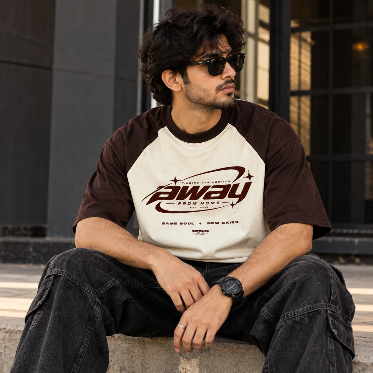 Maroon and off white colour block oversized t-shirt by SURFNSWIPE, 