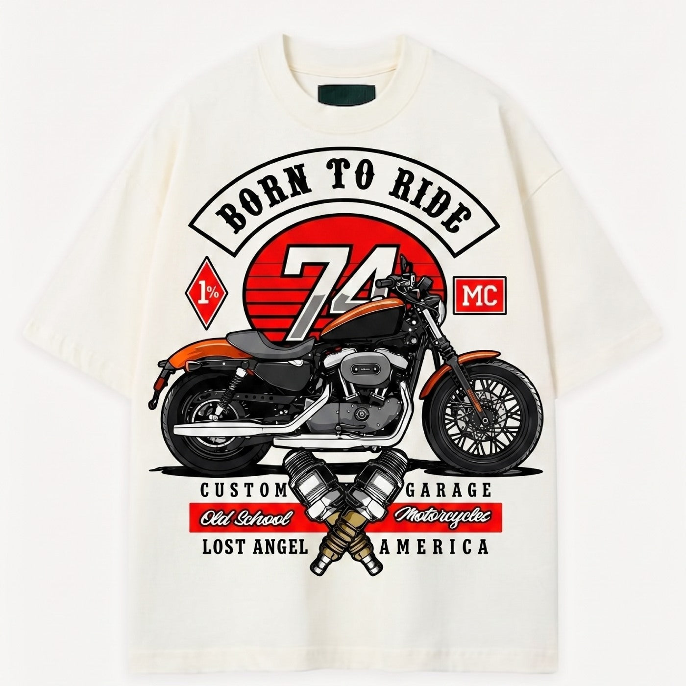 Front view of off white t shirt with a motorcycle graphic and text on a white background
