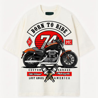 Front view of off white t shirt with a motorcycle graphic and text on a white background