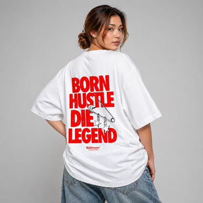 Person wearing a white t-shirt with red text on a gray background