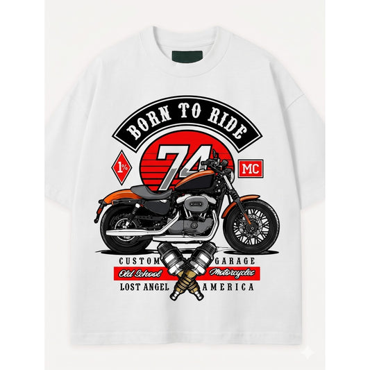 White sweatshirt with a motorcycle graphic and text on a white background