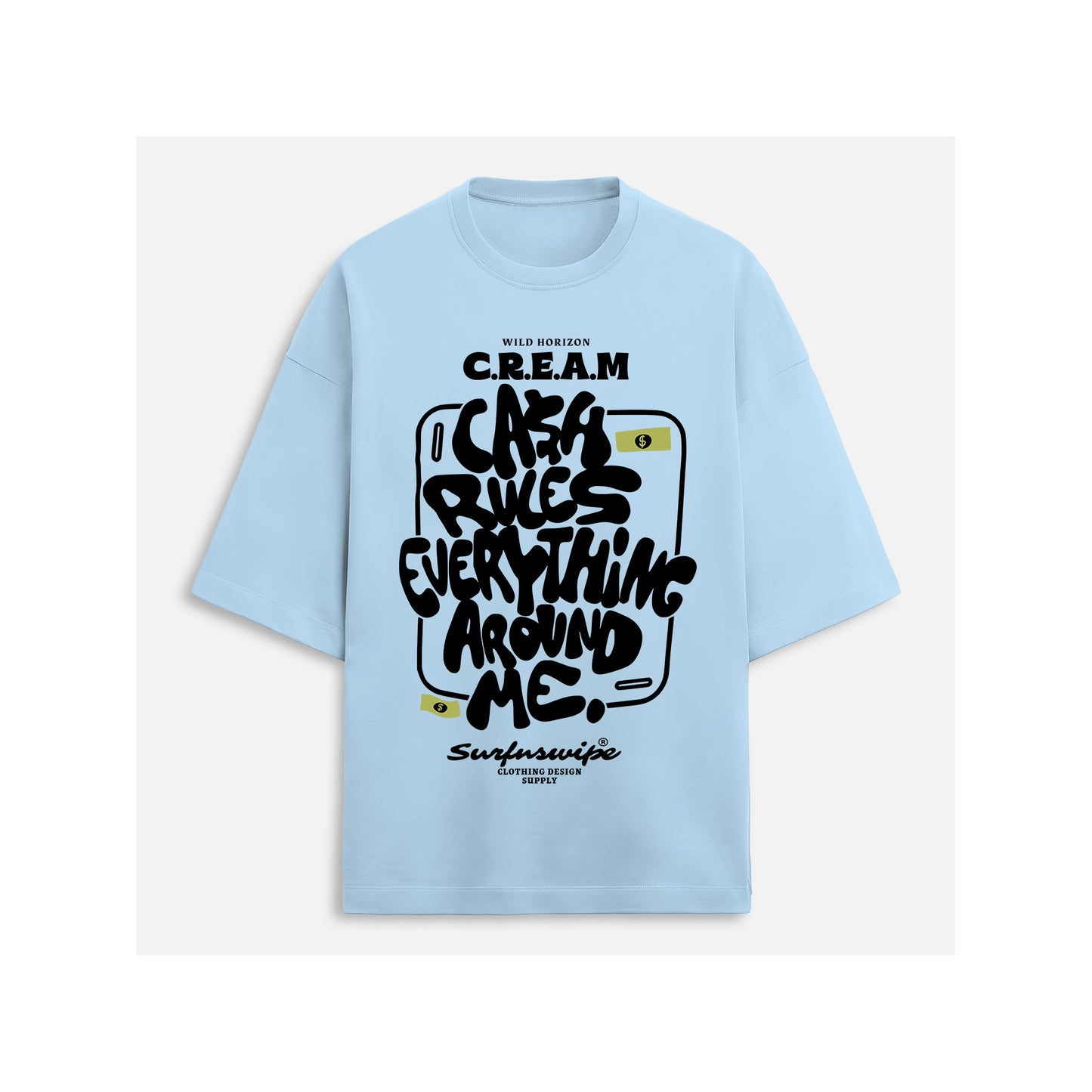 Light blue t-shirt with black text design on a white background