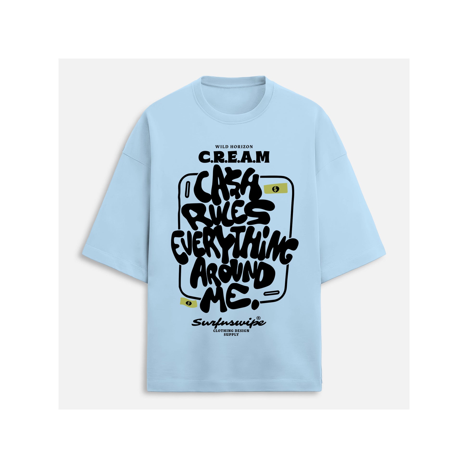 Light blue t-shirt with black text design on a white background