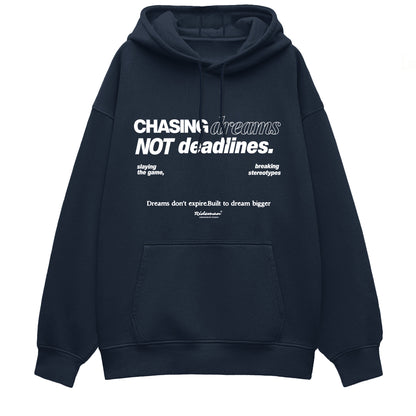 Navy hoodie with motivational text on a white background