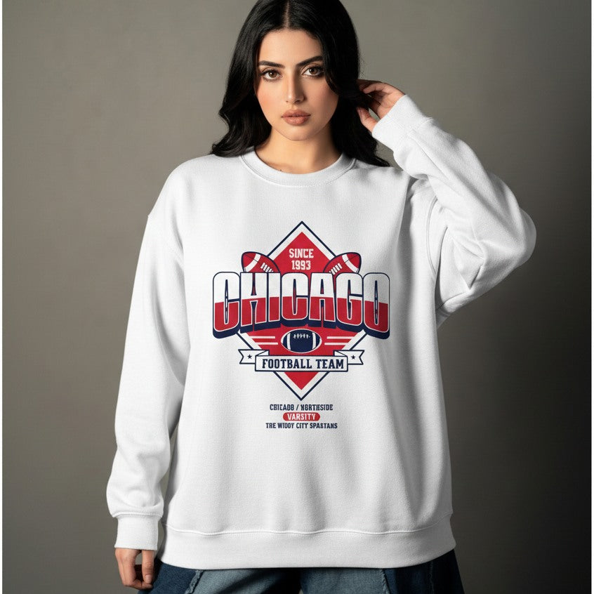 Woman wearing a white sweatshirt with 'Chicago Football Team' design on a gray background