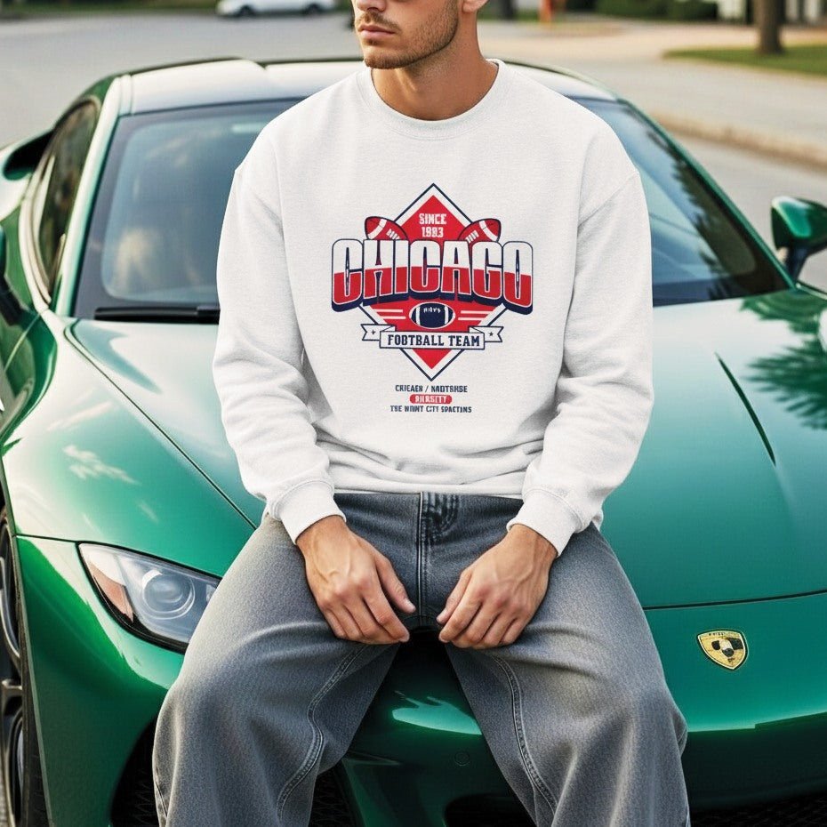 Person wearing a white sweatshirt with 'Chicago Football Team' design sitting on a green sports car.