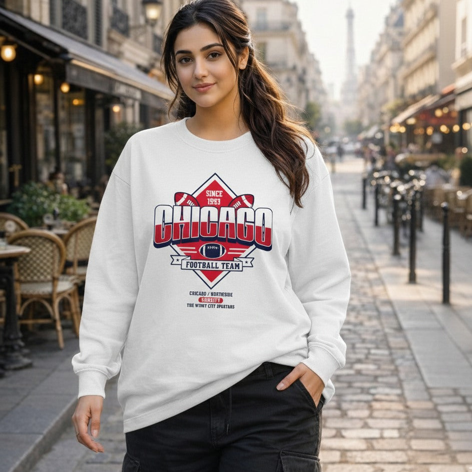 Woman wearing a white sweatshirt with 'Chicago Football Team' design on a city street.