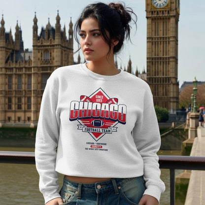 Woman wearing a white sweatshirt with 'Chicago Football Team' design in front of Big Ben.