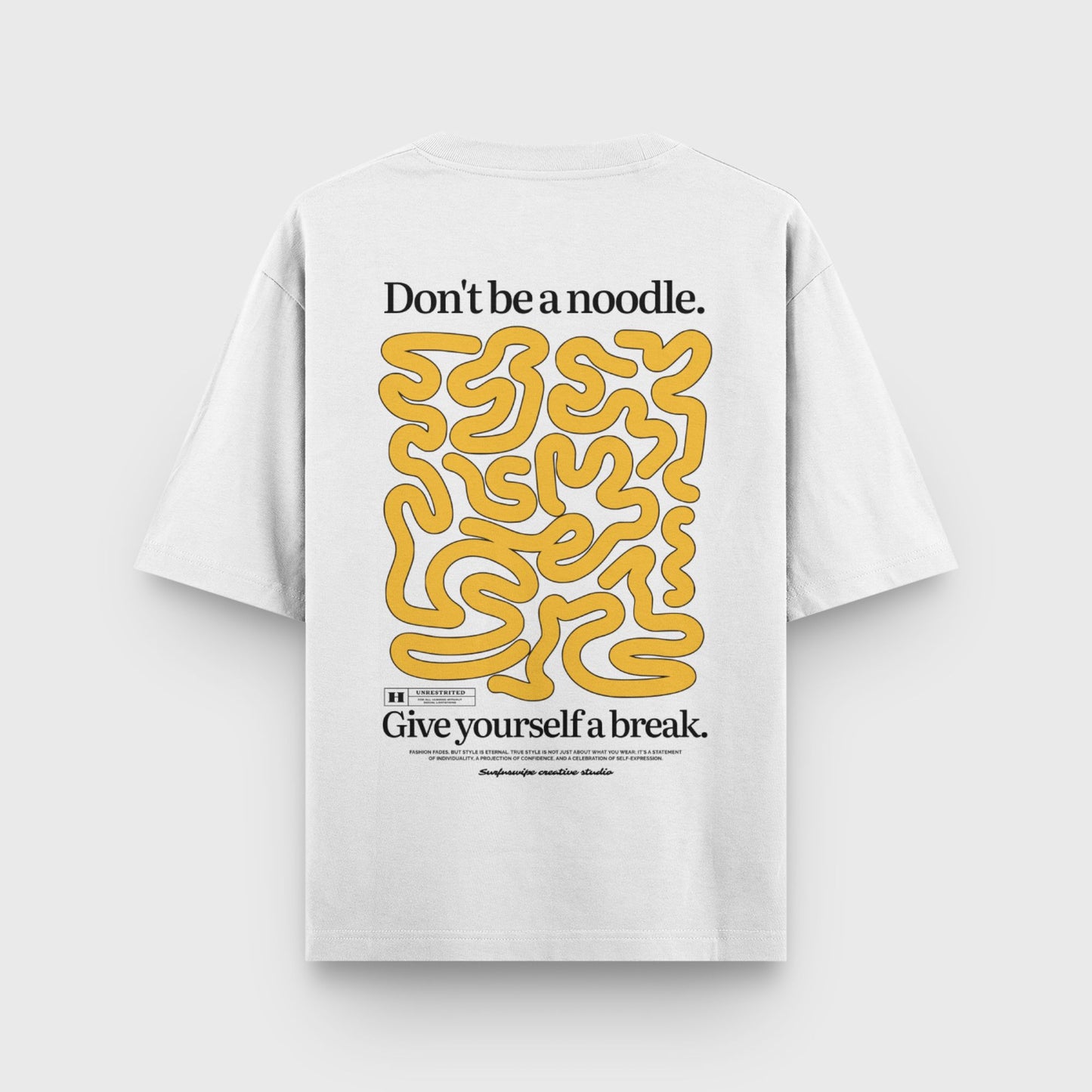 White t-shirt with yellow and black text and design on a white background