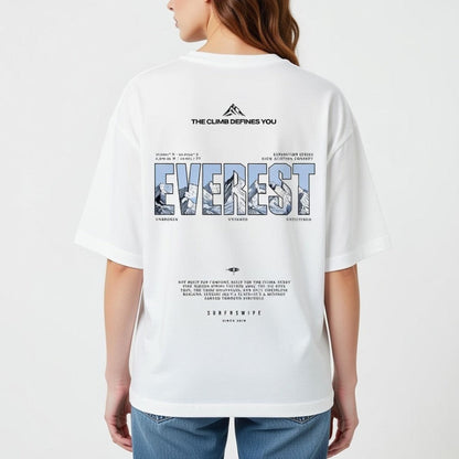 White t-shirt with Everest mountain design and text on a white background