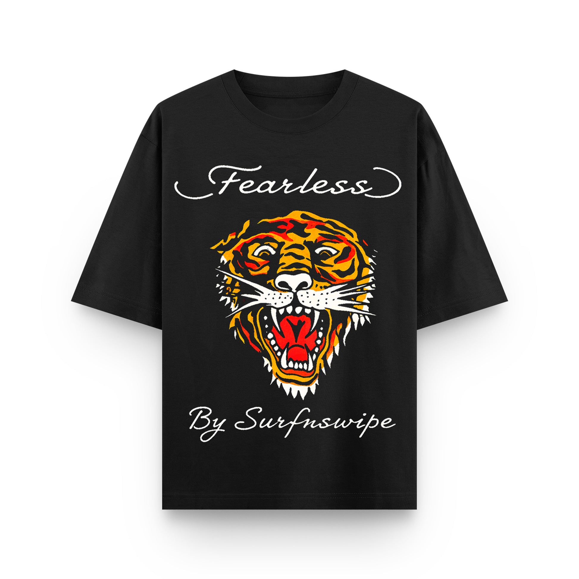 Black t-shirt with a colorful tiger graphic and 'Fearless By Surfwipe' text on a white background