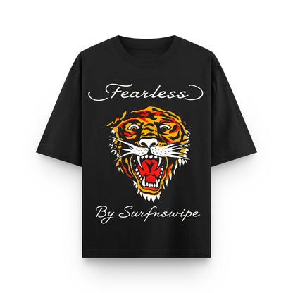 Black t-shirt with a colorful tiger graphic and 'Fearless By Surfwipe' text on a white background