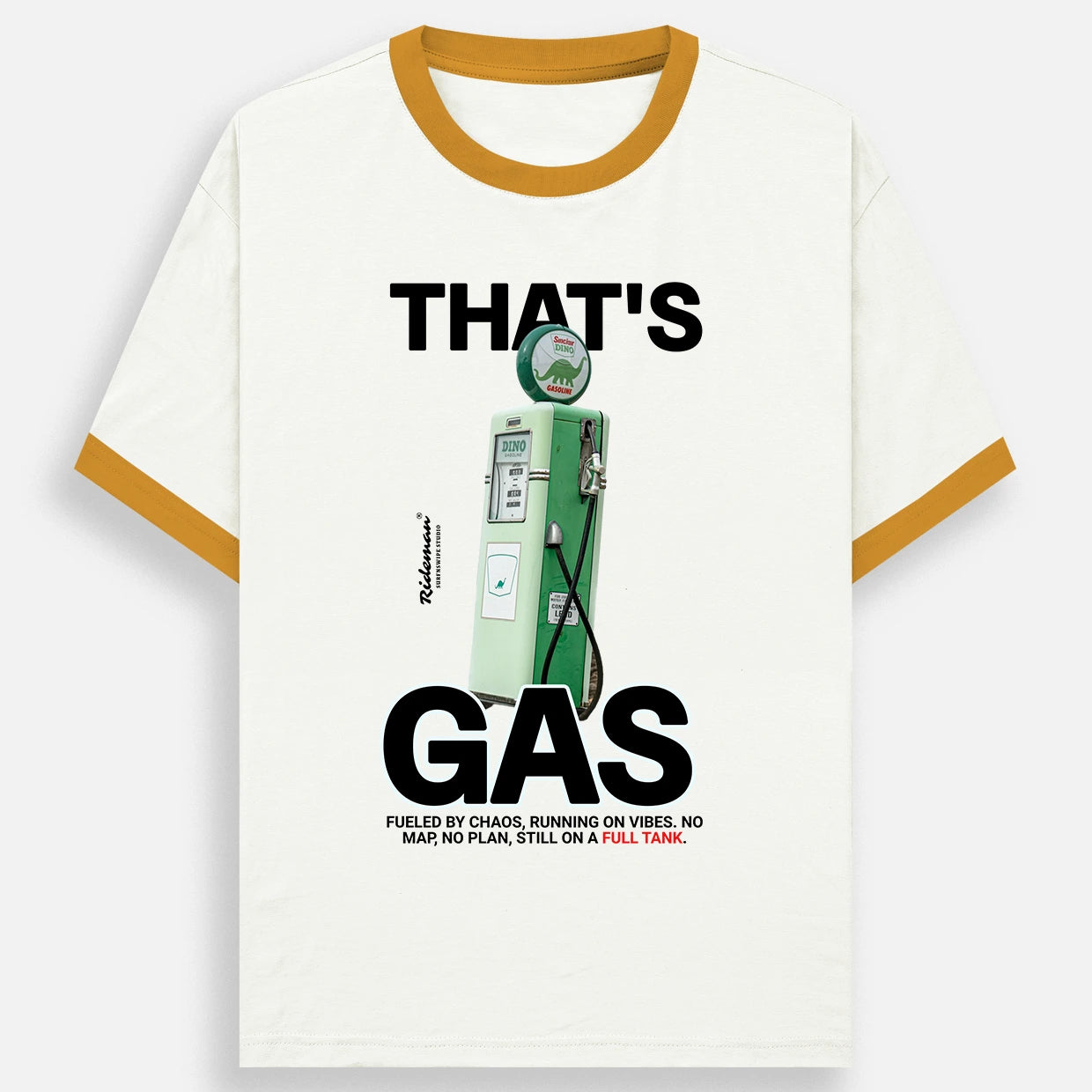 An off-white ringer t-shirt with mustard yellow trim on the collar and sleeve cuffs, featuring a graphic print of a vintage green gas pump and the text 'THAT'S GAS' in bold black letters.