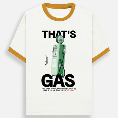 An off-white ringer t-shirt with mustard yellow trim on the collar and sleeve cuffs, featuring a graphic print of a vintage green gas pump and the text 'THAT'S GAS' in bold black letters.