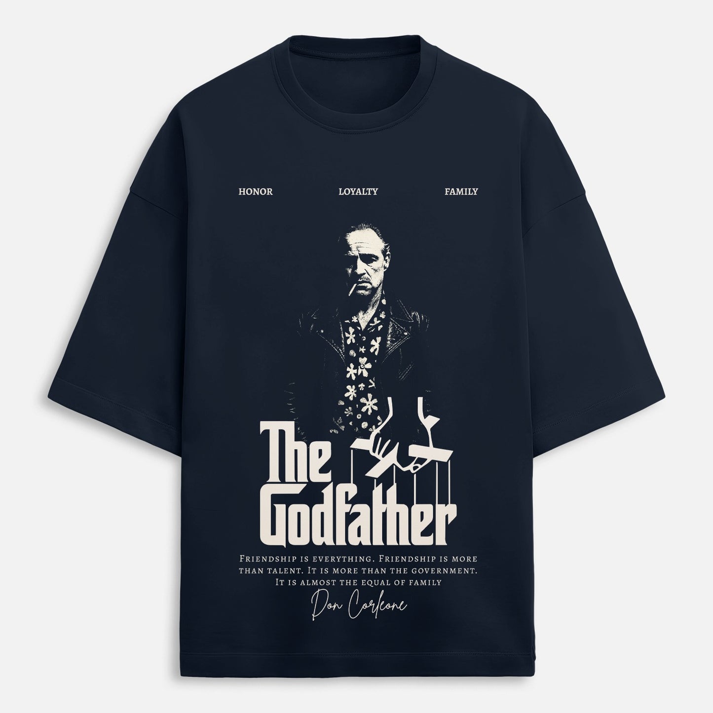 Navy t-shirt with 'The Godfather' graphic and text on a white background