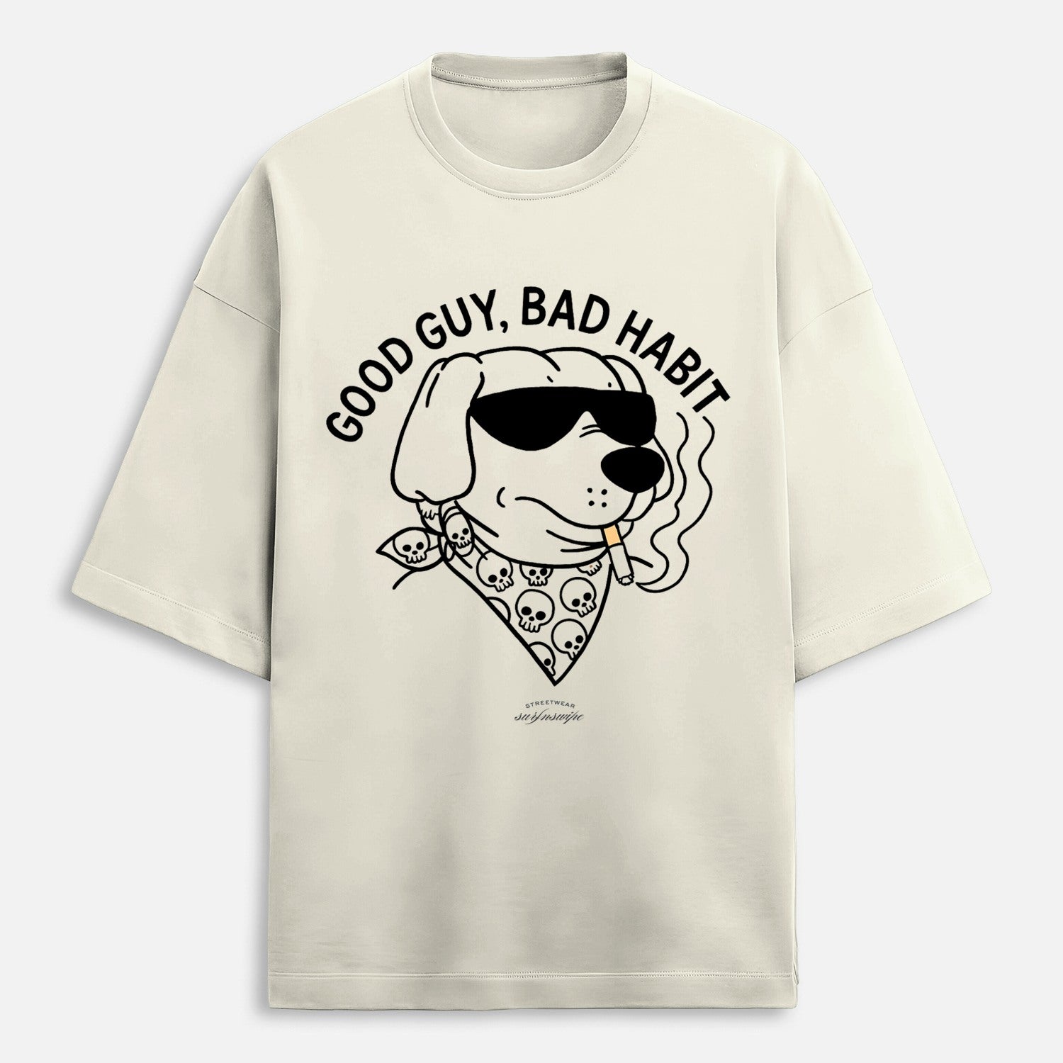 Beige t-shirt with a graphic of a dog wearing sunglasses and a bandana, with text 'Good Guy, Bad Habit'.