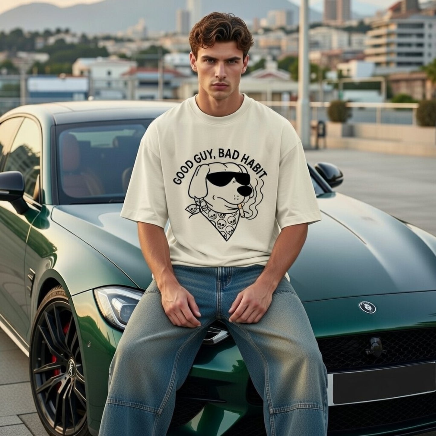 Man sitting on a green car with a cityscape in the background