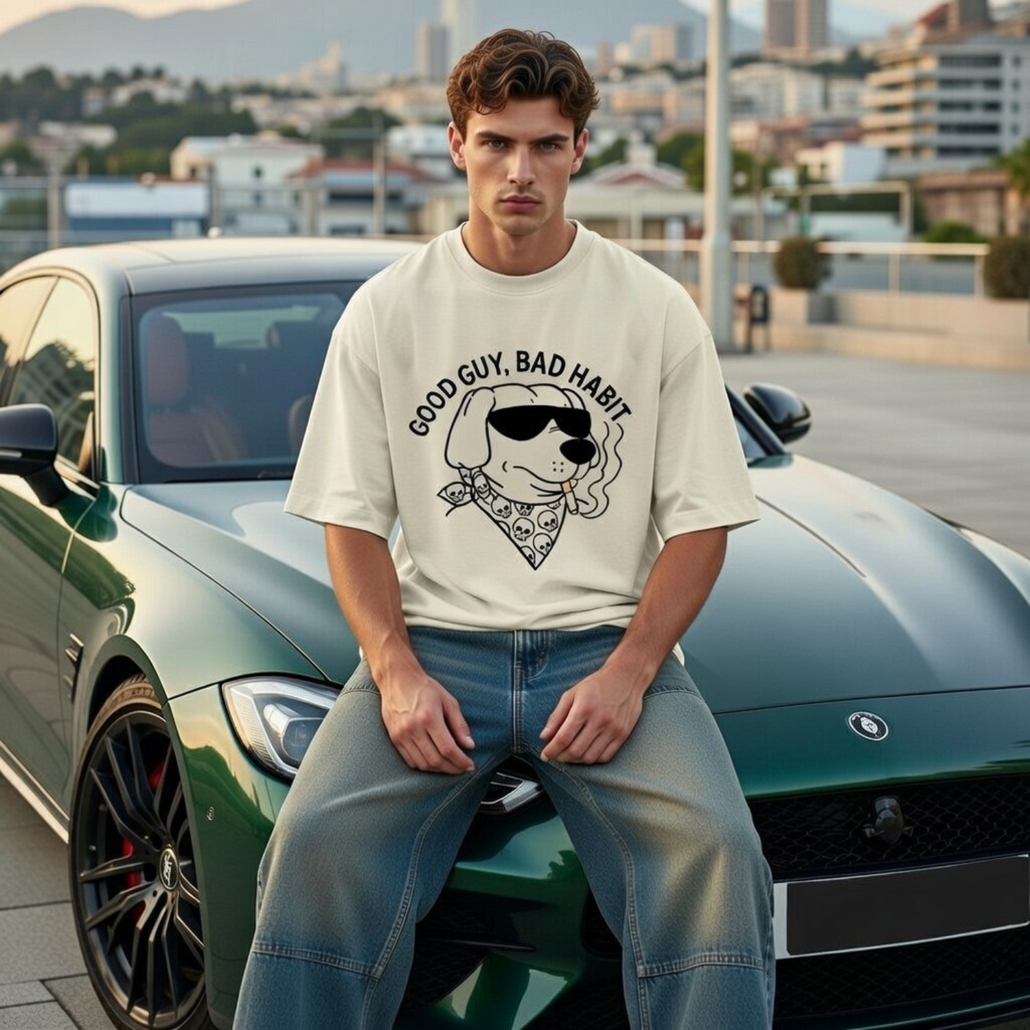 Man sitting on a green car with a cityscape in the background