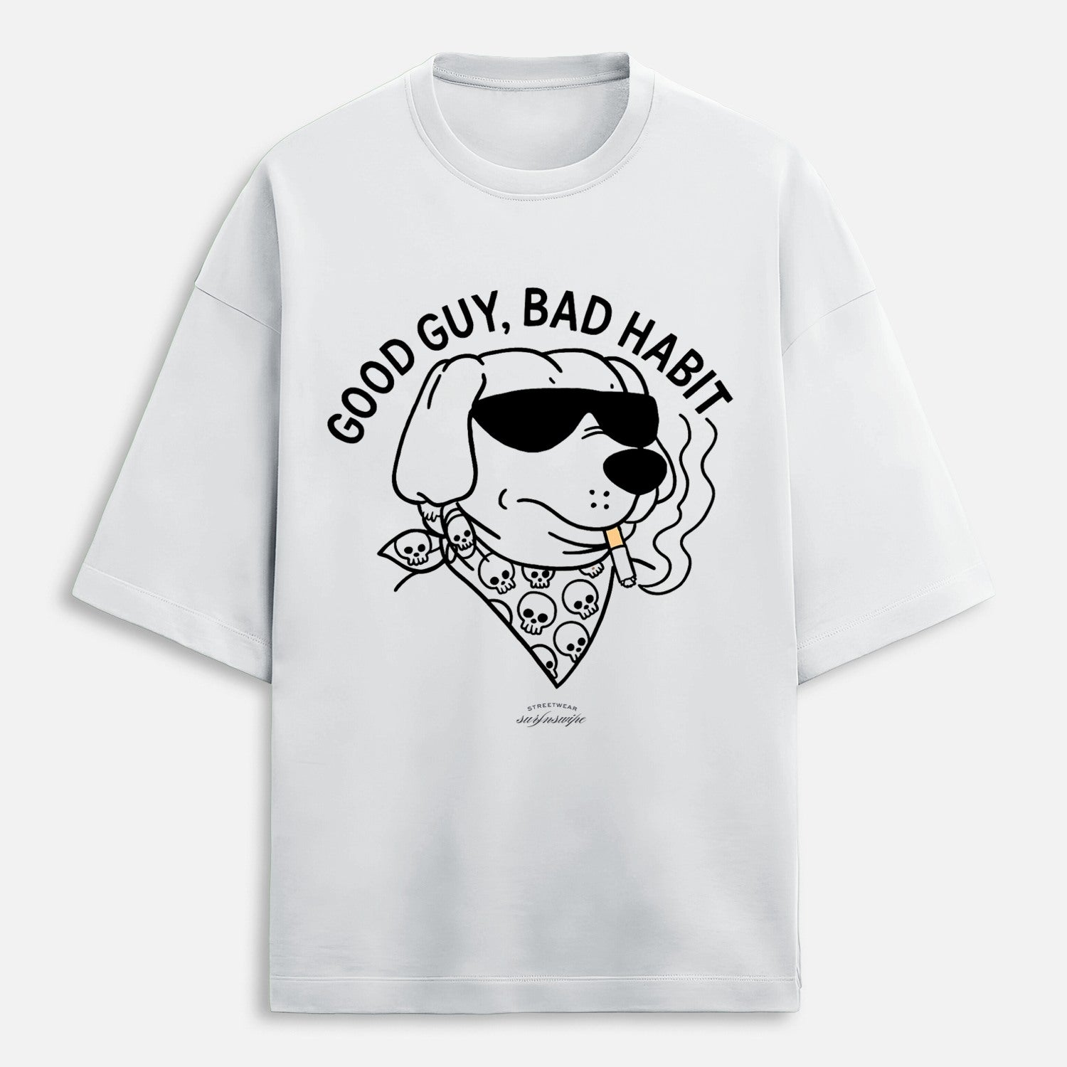 White t-shirt with a graphic of a dog wearing sunglasses and a bandana, with text 'Good Guy, Bad Habit'.