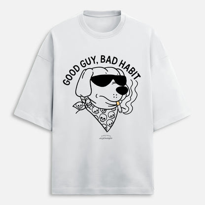 White t-shirt with a graphic of a dog wearing sunglasses and a bandana, with text 'Good Guy, Bad Habit'.