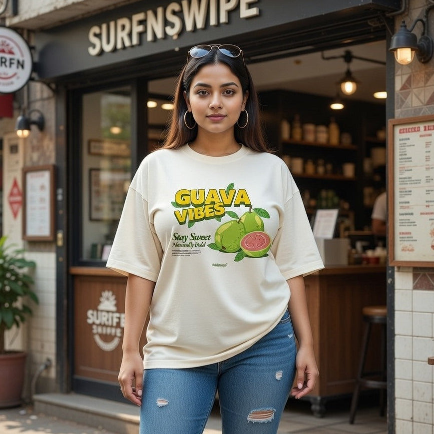 Woman wearing a 'Guava Vibes' t-shirt in front of a restaurant named 'Surfn Swipe'.