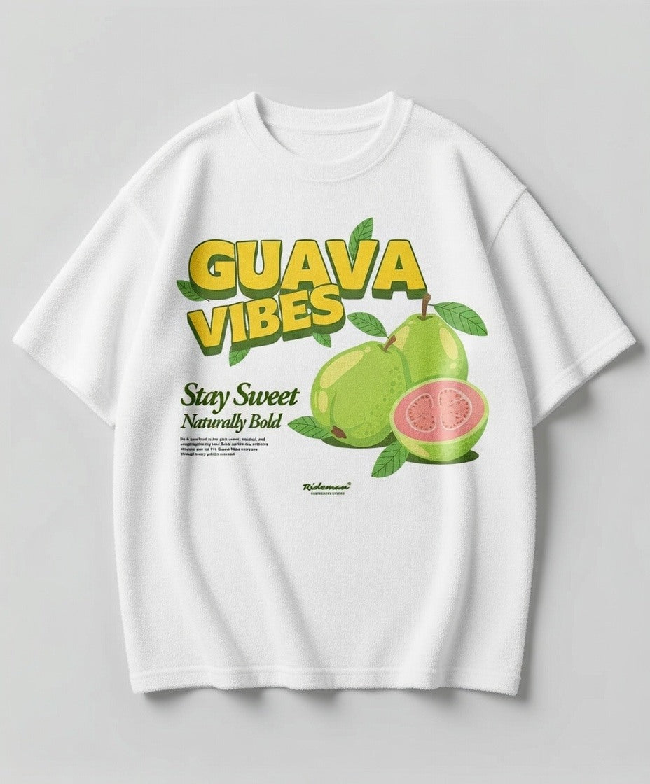 White t-shirt with guava graphic and 'Guava Vibes' text on a gray background
