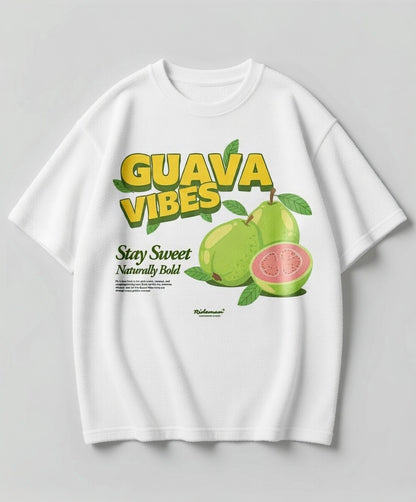 White t-shirt with guava graphic and 'Guava Vibes' text on a gray background