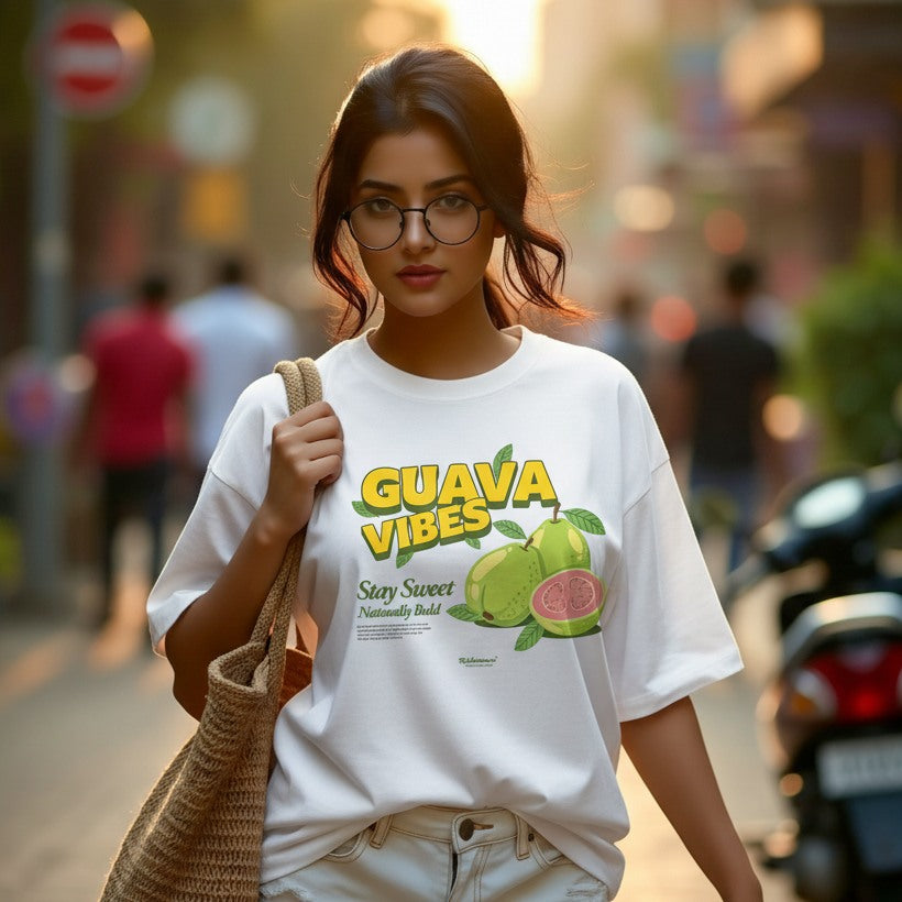 Woman wearing a 'Guava Vibes' t-shirt on a city street.