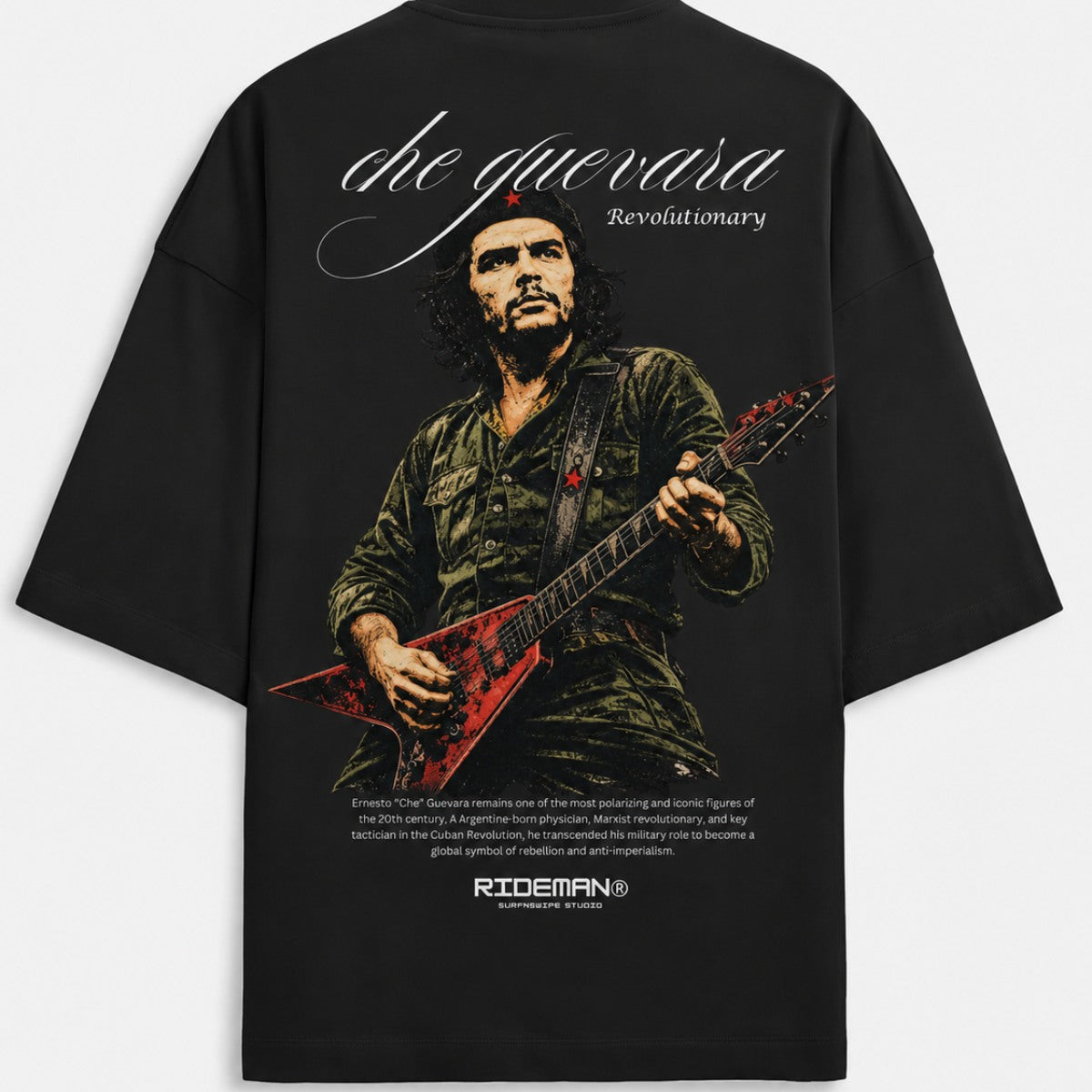 Black t-shirt with a graphic of a man playing guitar and text on the back, displayed on a white background.