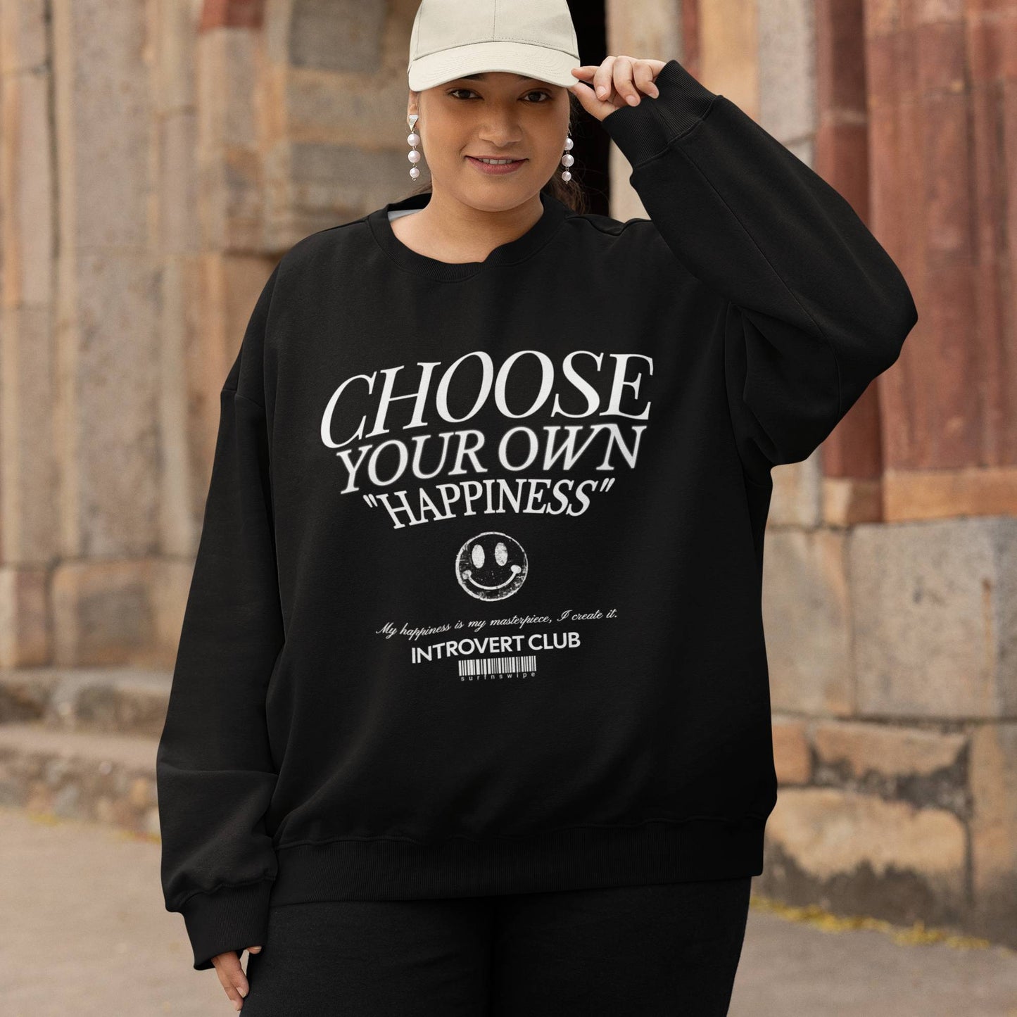 Black Oversized Choose Your Happiness Printed Sweatshirt