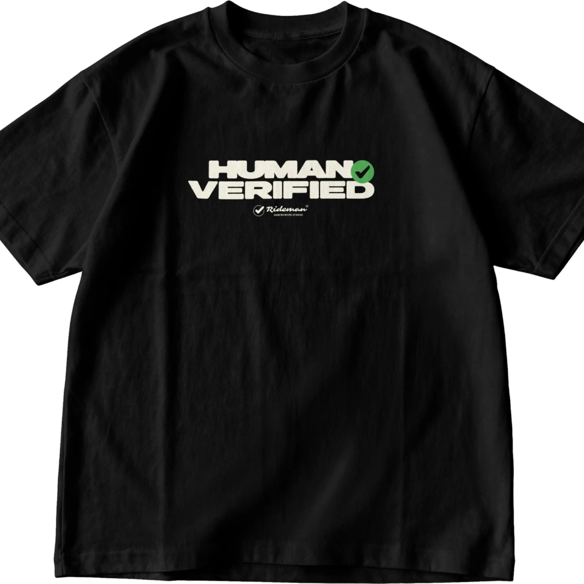 A black short-sleeve t-shirt with a 'HUMAN VERIFIED' graphic on the chest, featuring a green checkmark and a small 'Richwix' brand logo underneath, displayed on a clean white background.