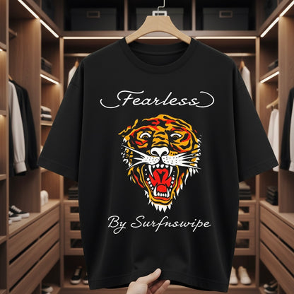 Black t-shirt with a tiger graphic and 'Fearless By Surfnswipe' text in a clothing store.