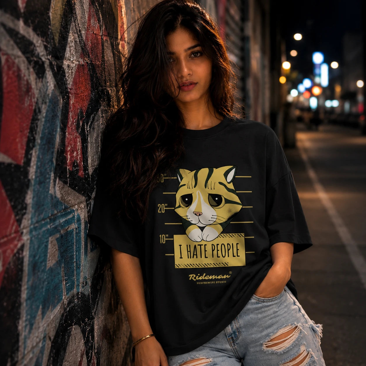  I Hate People grumpy cat mugshot graphic printed oversized unisex t-shirt in black – 240 GSM brushed fleece cotton, Surfnswipe Studio