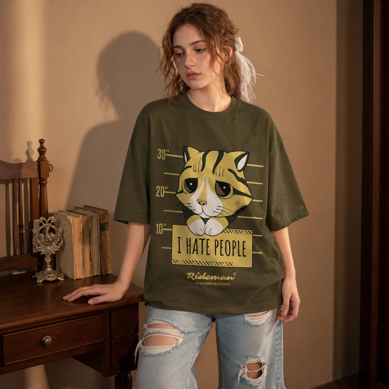 I Hate People grumpy cat mugshot graphic printed oversized unisex t-shirt in olive – 240 GSM brushed fleece cotton, Surfnswipe Studio