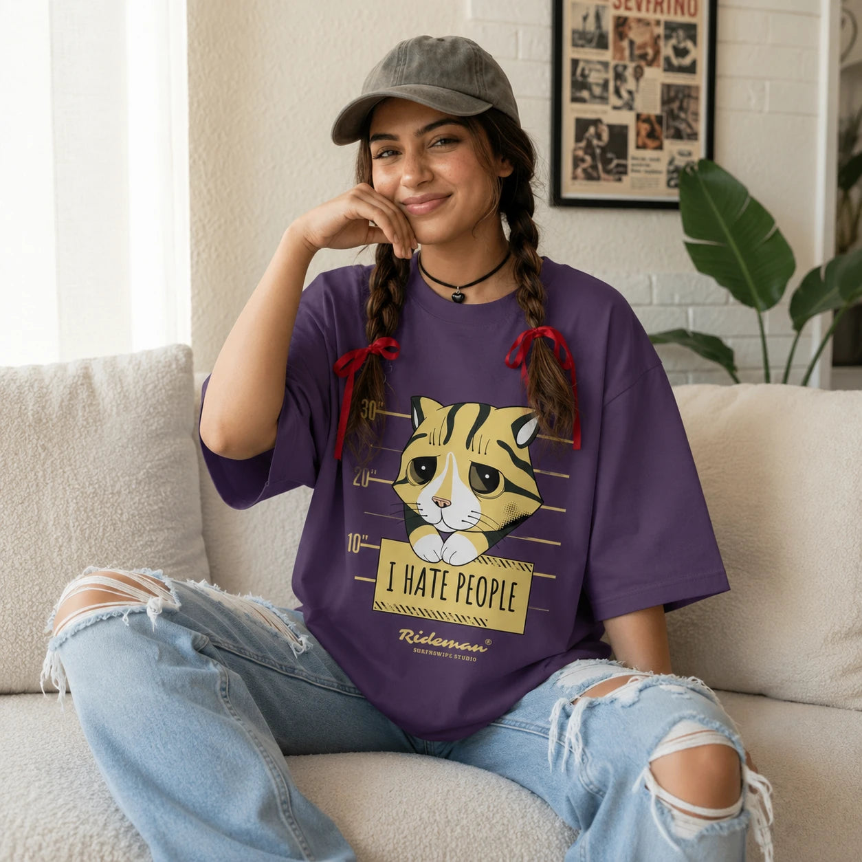  I Hate People grumpy cat mugshot graphic printed oversized unisex t-shirt in purple – 240 GSM brushed fleece cotton, Surfnswipe Studio