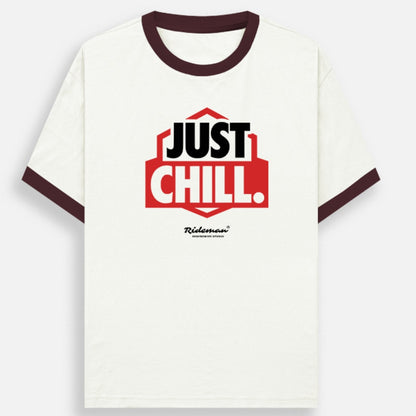 White t-shirt with 'Just Chill' text in red and black on a white background