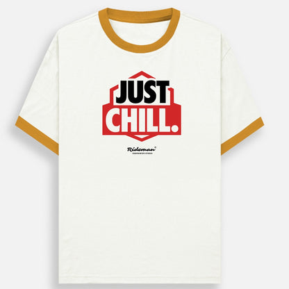 White t-shirt with 'Just Chill' text design on a white background