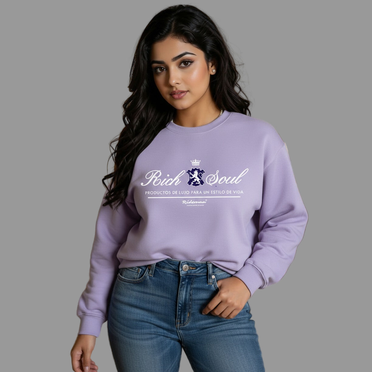 Woman wearing a purple sweatshirt with 'Rich Soul' logo