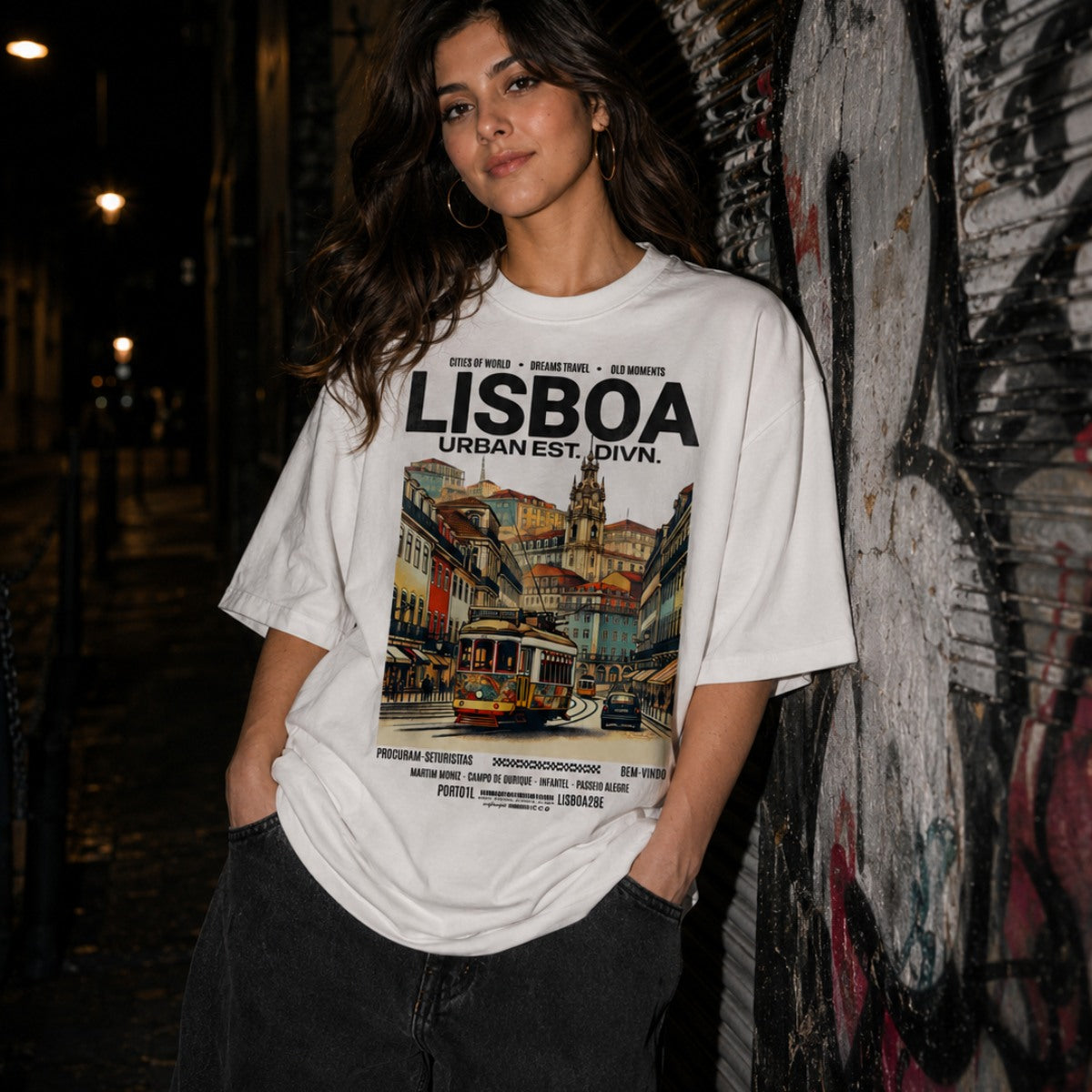 Person wearing a 'Lisboa' t-shirt with cityscape design against a graffiti-covered wall.