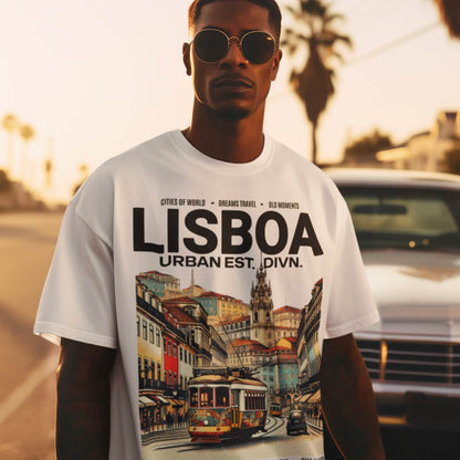 Man wearing Lisboa oversized graphic streetwear t-shirt white front view