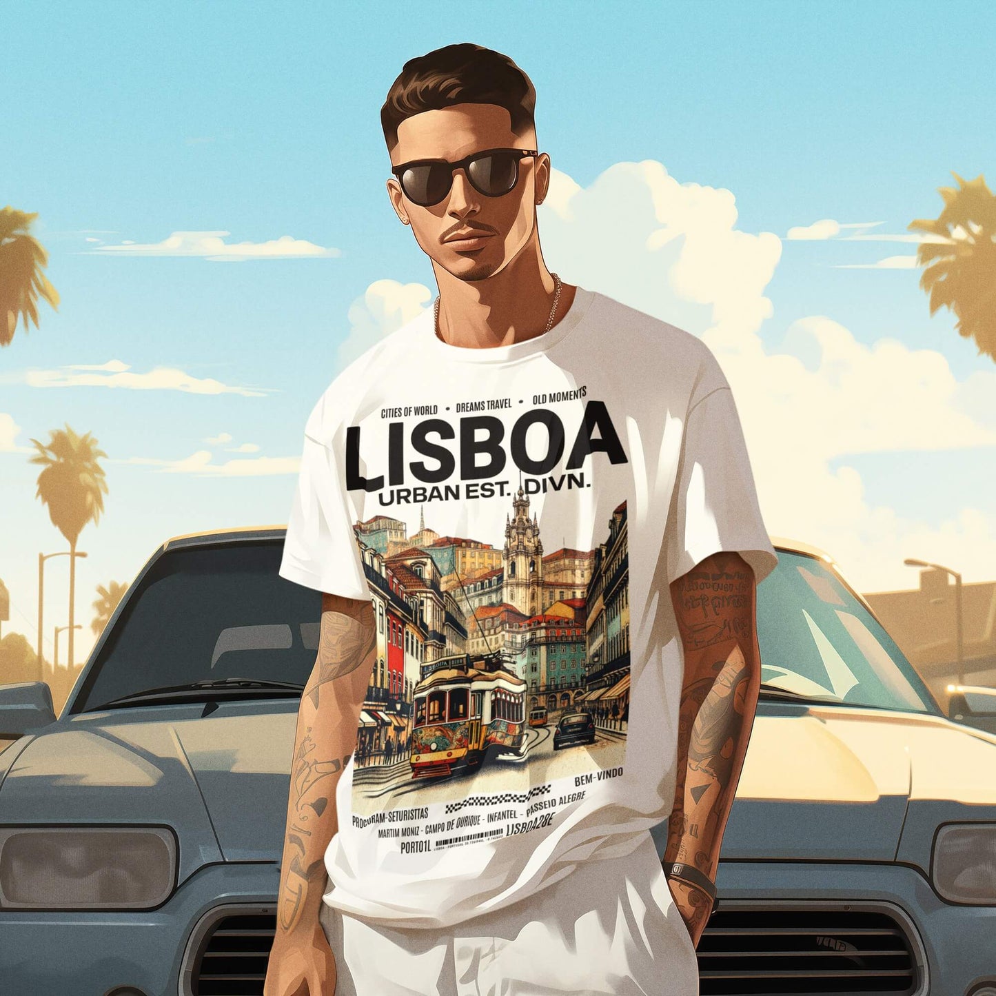 A person wearing sunglasses and a white oversized t-shirt with a printed text and graphics related to Lisbon, standing in a sunny location with a car and palm trees in the background.