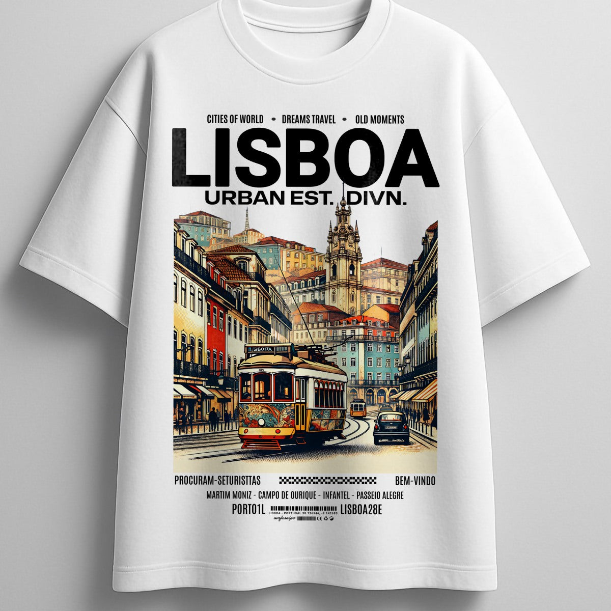 White t-shirt with a graphic design of Lisbon, Portugal, featuring a tram and colorful buildings.