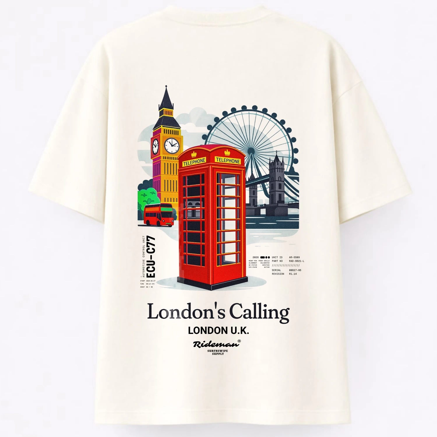 An off-white short-sleeve t-shirt with a large graphic print of London landmarks, including Big Ben, Tower Bridge, and a red telephone booth, with the text 'London's Calling LONDON U.K.