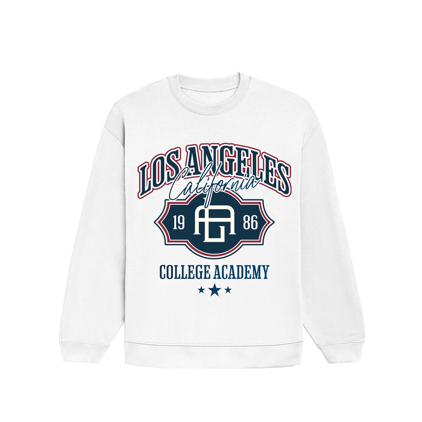 White sweatshirt with 'Los Angeles California' and 'College Academy' text on a white background